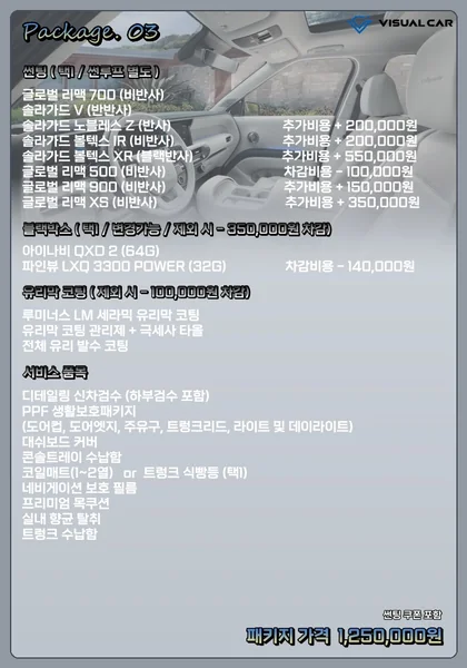팰리세이드 신차패키지 Package 03 메뉴판 — 패키지 가격 1,250,000원