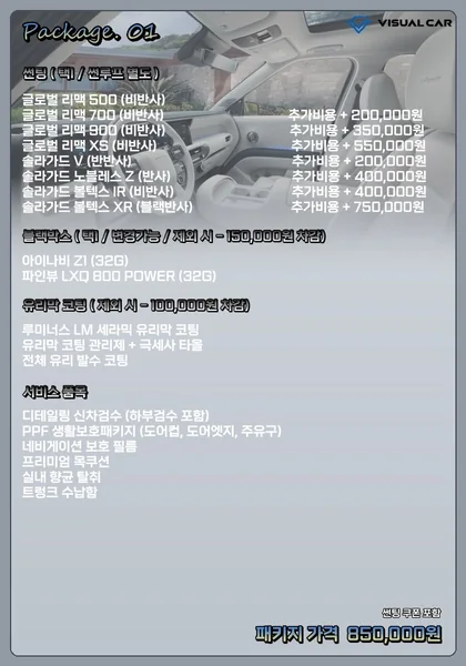 대형 SUV 신차패키지 Package 01 메뉴판 — 패키지 가격 850,000원